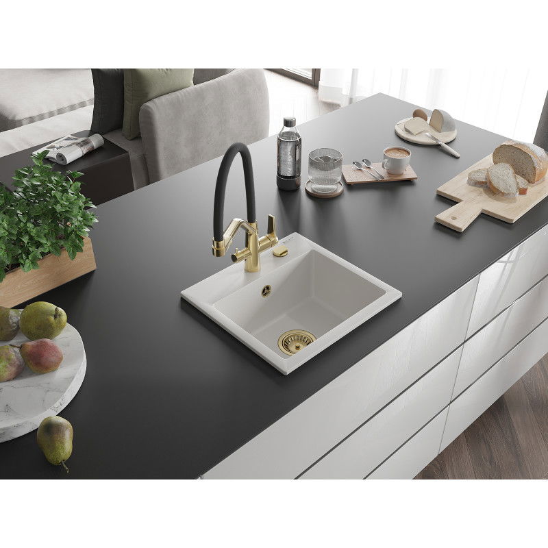 Mexen Milo 1-medencés gránit mosogató Duo konyhai csapteleppel, fehér - 6505-20-671701-57-G