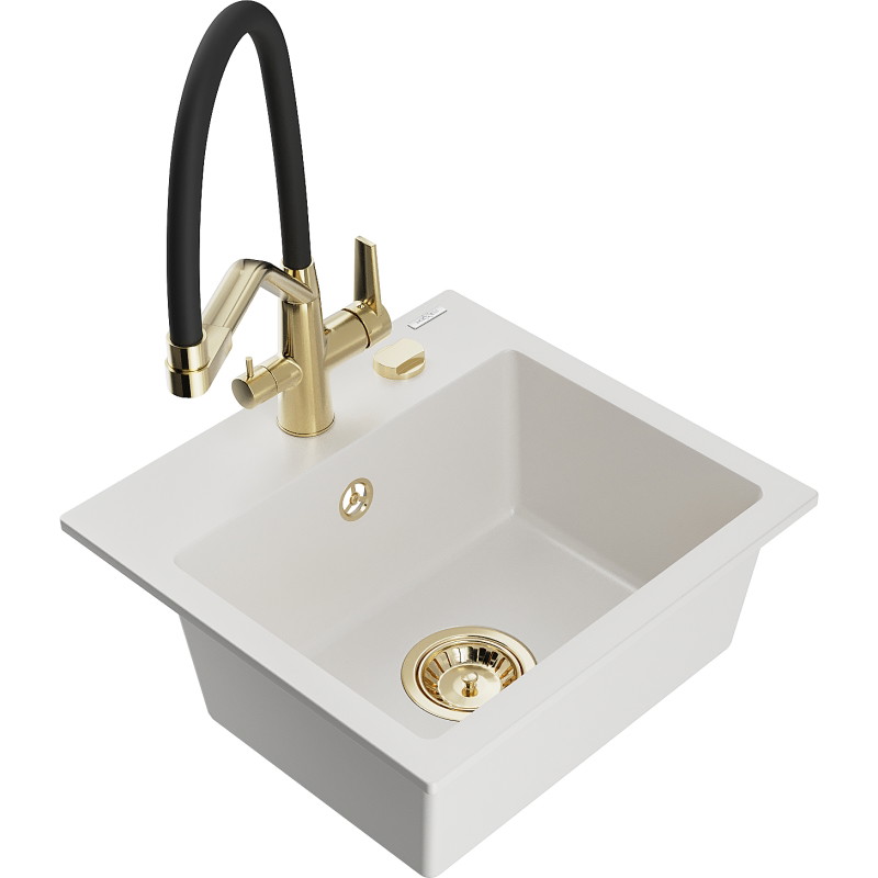 Mexen Milo chiuvetă de granit cu 1 compartiment cu baterie de bucătărie Duo, albă - 6505-20-671701-57-G