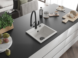 Mexen Milo 1-kamrás gránit mosogató konyhai csappal Duo, fehér - 6505-20-671701-70-B