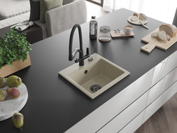 Mexen Milo chiuvetă de granit cu 1-una compartiment și baterie de bucătărie Duo, bej - 6505-69-671701-70-B