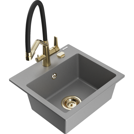Mexen Milo chiuvetă de bucătărie din granit cu 1 compartiment și baterie Duo, gri - 6505-71-671701-57-G