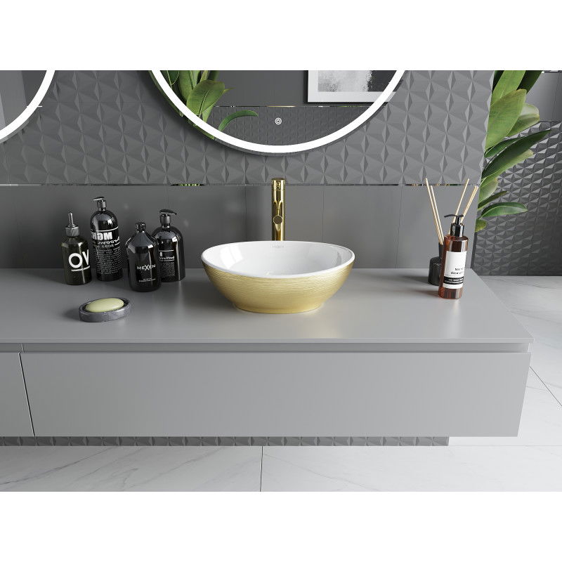 Mexen Elza countertop mosdó 40 x 33 cm, fehér/arany vonal minta - 21014017