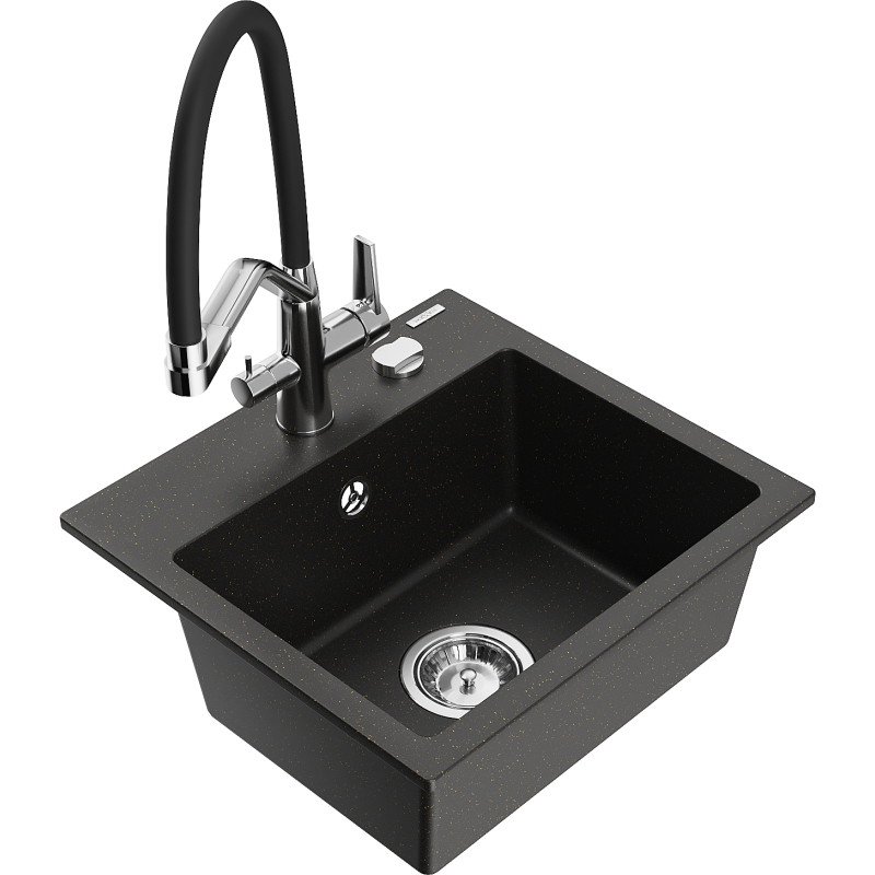 Mexen Milo chiuvetă de granit cu o singură cameră cu baterie de bucătărie Duo, negru/metalic auriu - 6505-75-671701-07