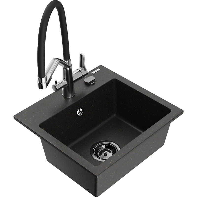 Mexen Milo 1-medencés gránit mosogató konyhai csapteleppel Duo, fekete/arany metál - 6505-75-671701-07-B