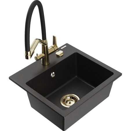 Mexen Milo chiuvetă granită 1-cameră cu baterie de bucătărie Duo, negru/auriu metalizat - 6505-75-671701-57-G