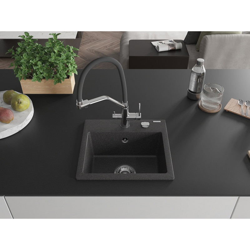Mexen Milo chiuvetă de granit cu 1 compartiment și baterie de bucătărie Duo, negru stropit - 6505-76-671701-07