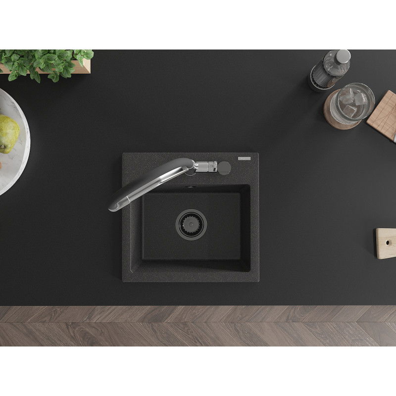 Mexen Milo gránit mosogató egykamrás konyhai csapteleppel Duo, fekete pöttyös - 6505-76-671701-07-B