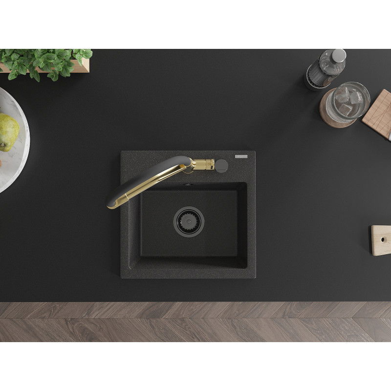Mexen Milo egymedencés gránit mosogató Duo konyhai csappal, fekete pöttyös - 6505-76-671701-57-B