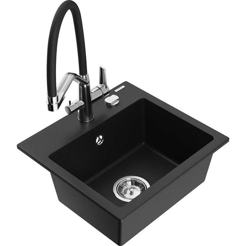 Mexen Milo chiuvetă de bucătărie din granit cu 1 compartiment și baterie Duo, negru - 6505-77-671701-07