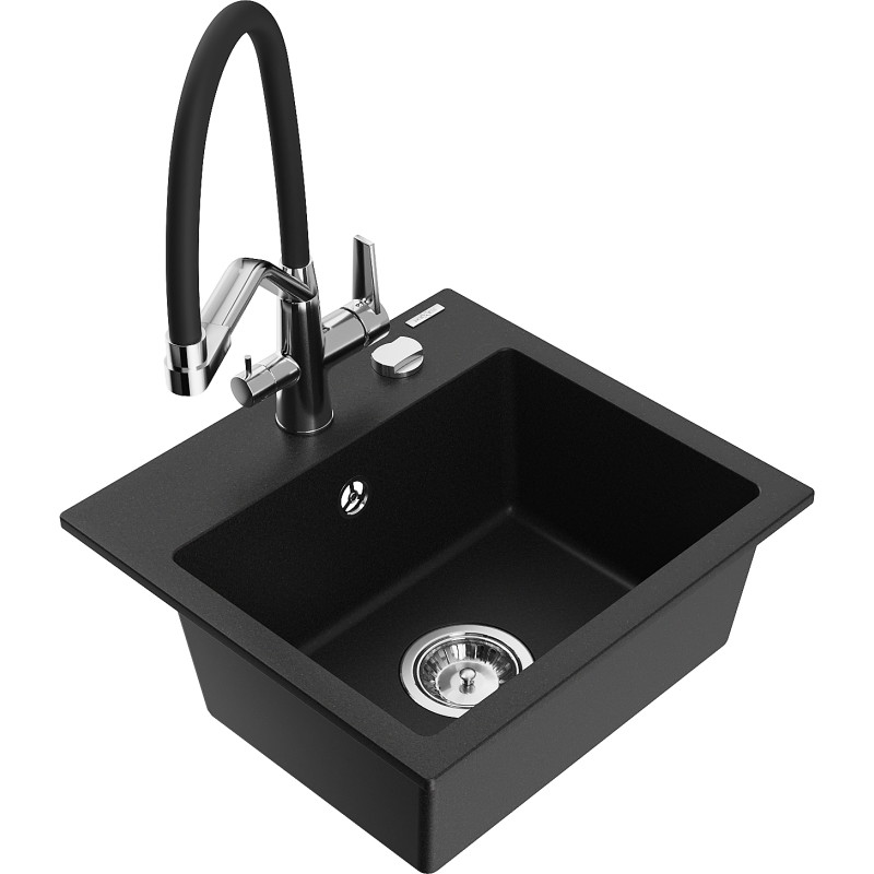 Mexen Milo chiuvetă de granit cu 1 compartiment cu baterie de bucătărie Duo, neagră - 6505-77-671701-07
