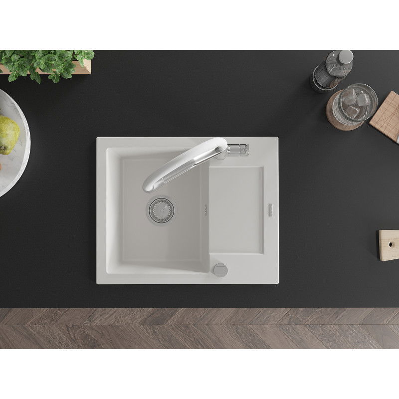 Mexen Enzo chiuvetă de granit cu 1 compartiment, cu scurgător și baterie de bucătărie Duo, alb - 6506-20-671701-02
