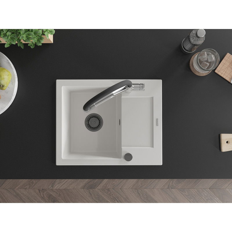 Mexen Enzo 1 rekeszes gránit mosogató lefolyóval és Duo konyhai csapteleppel, fehér - 6506-20-671701-07-B