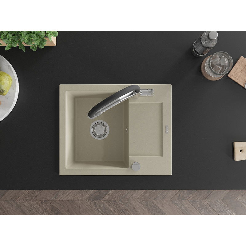 Mexen Enzo chiuvetă de granit cu 1 cuvă și scurgător și baterie de bucătărie Duo, bej - 6506-69-671701-07