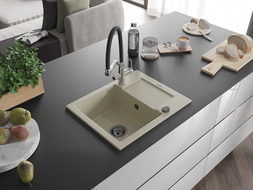 Mexen Enzo chiuvetă de granit cu 1 compartiment, cu picurător și baterie de bucătărie Duo, bej - 6506-69-671701-07-B