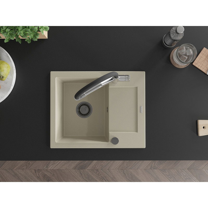 Mexen Enzo egymedencés gránit mosogató csepegtetővel és Duo konyhai csappal, bézs - 6506-69-671701-07-B