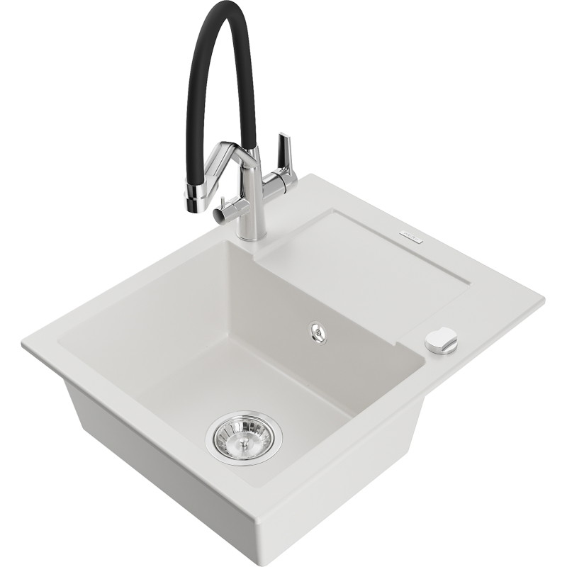 Mexen Enzo chiuvetă de granit cu 1 cuvă, cu scurgător și baterie de bucătărie Duo, albă - 6506-20-671701-07