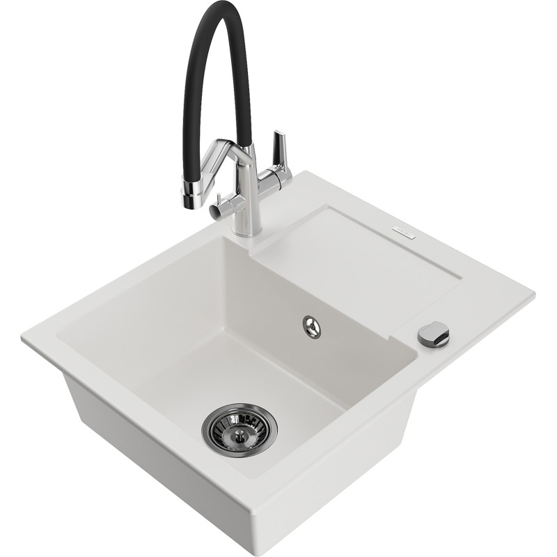 Mexen Enzo chiuvetă de granit cu o singură cuvă cu scurgător și baterie de bucătărie Duo, albă - 6506-20-671701-07-B