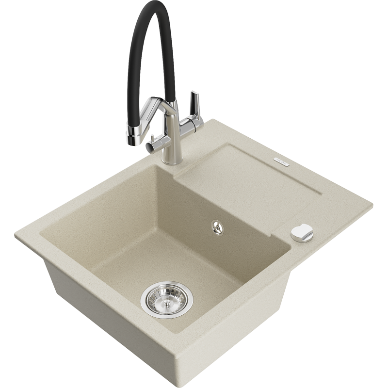Mexen Enzo chiuvetă de granit cu 1 cuvă și scurgător și baterie de bucătărie Duo, bej - 6506-69-671701-07