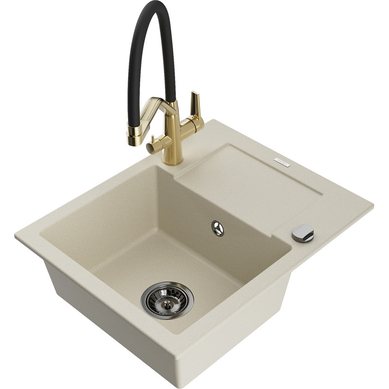 Mexen Enzo chiuvetă de bucătărie din granit cu 1 cuvă, cu scurgător și baterie Duo, bej - 6506-69-671701-57-B