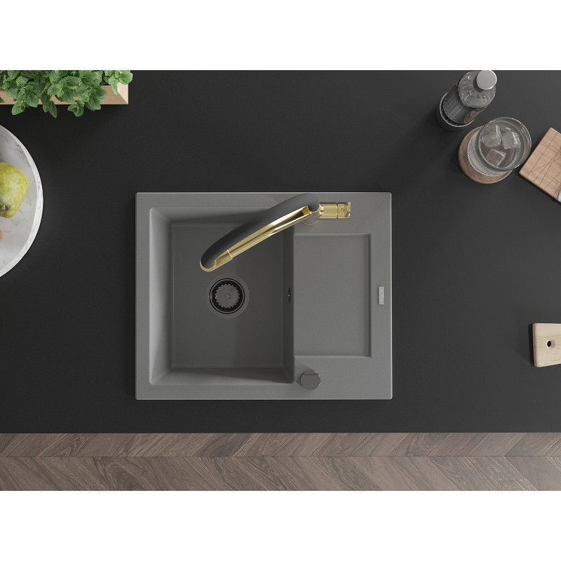 Mexen Enzo chiuvetă de bucătărie din granit 1-cameră cu picurător și baterie de bucătărie Duo, gri - 6506-71-671701-57-B