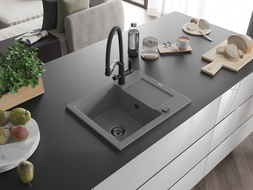 Mexen Enzo chiuvetă de granit cu o singură cuvă și picurător și baterie de bucătărie Duo, gri - 6506-71-671701-70-B