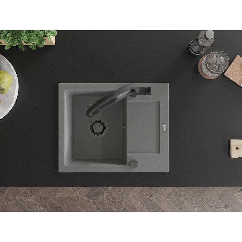 Mexen Enzo chiuvetă de granit cu o singură cuvă și picurător și baterie de bucătărie Duo, gri - 6506-71-671701-70-B