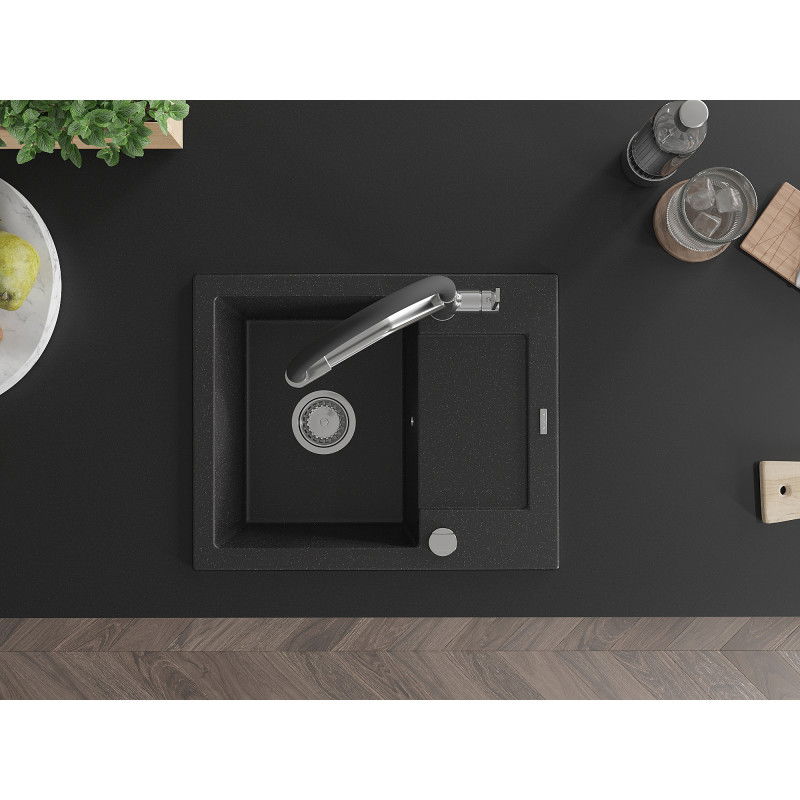 Mexen Enzo 1-medencés gránit mosogató lecsepegtetővel és Duo konyhai csappal, fekete/ezüst metál - 6506-73-671701-07