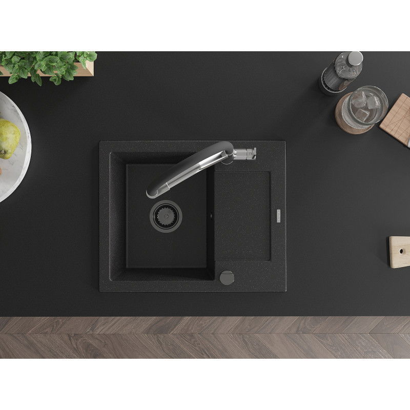 Mexen Enzo chiuvetă de granit cu o cuvă cu picurător și baterie de bucătărie Duo, negru/argintiu metalizat