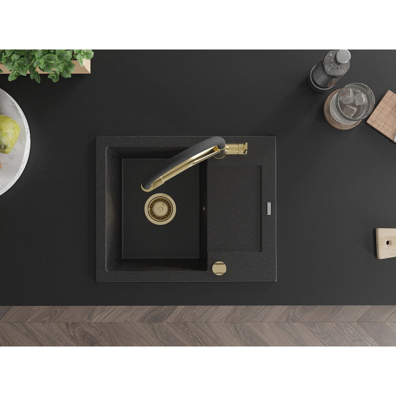 Mexen Enzo egymedencés gránit mosogató csepegtetővel és Duo konyhai csappal, fekete/ezüst metál - 6506-73-671701-57-G