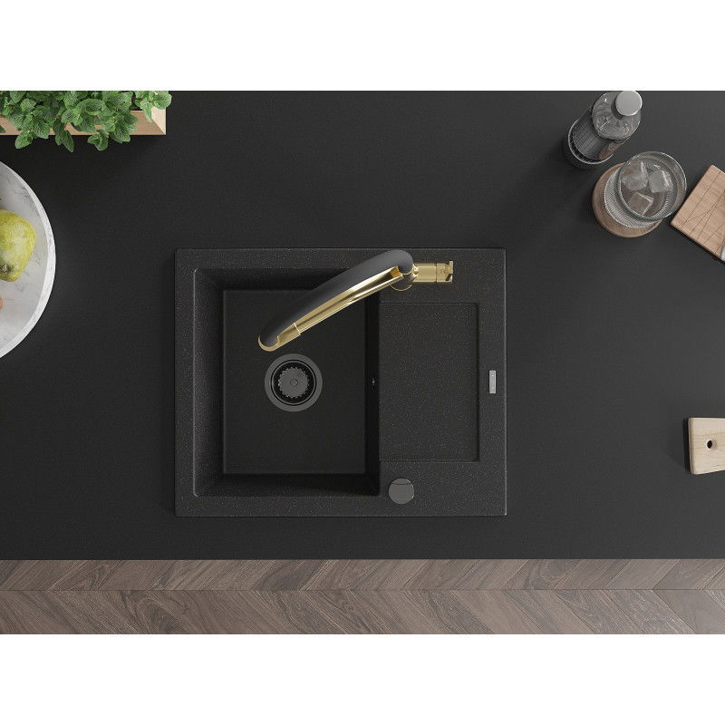 Mexen Enzo egymedencés gránit mosogató csepegtetővel és Duo konyhai csapteleppel, fekete/ezüst metál - 6506-73-671701-57-B