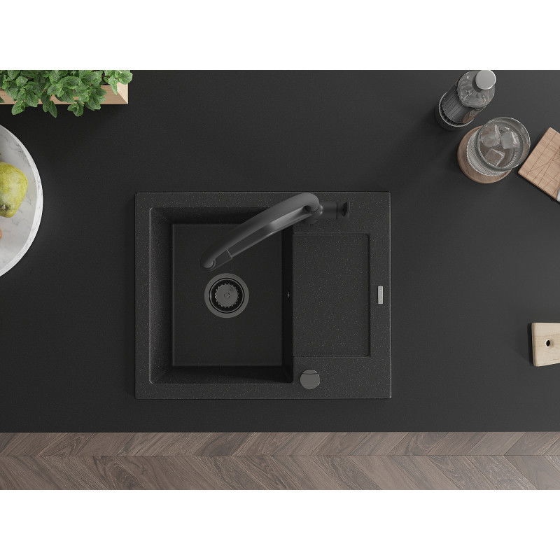 Mexen Enzo chiuvetă din granit cu 1 cuvă și scurgător și baterie bucătărie Duo, negru/argintiu metalizat - 6506-73-671701-70-B
