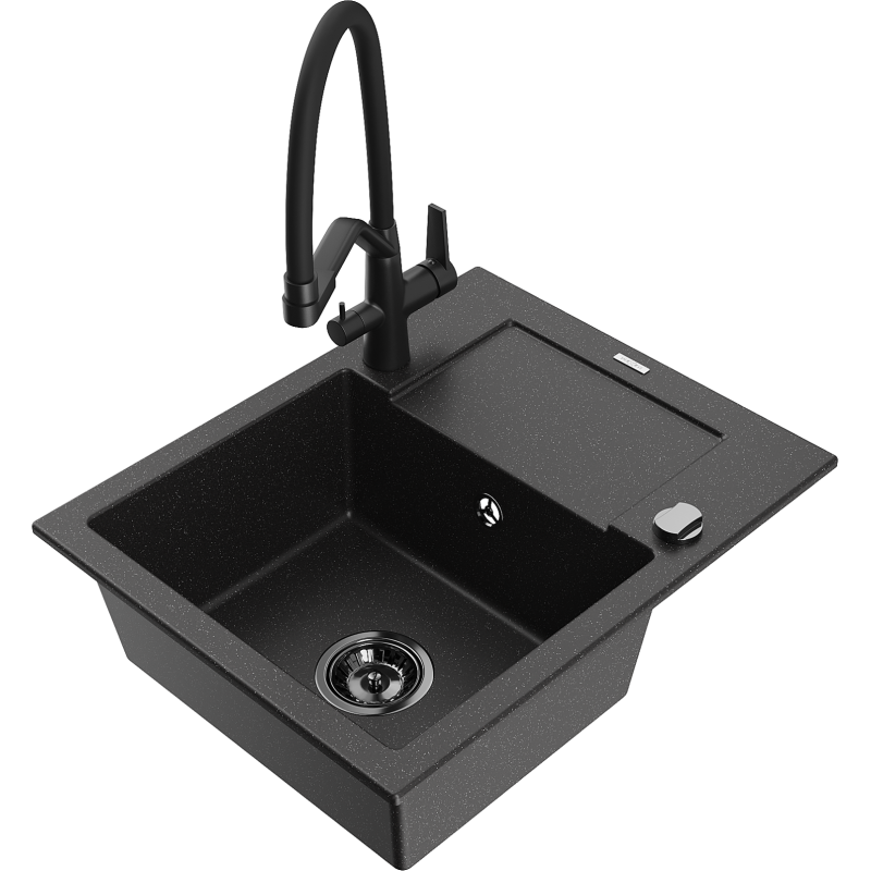 Mexen Enzo 1-medencés gránit mosogatótálca csepegtetővel és Duo konyhai csapteleppel, fekete/ezüst metál - 6506-73-671701-70-B