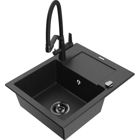 Mexen Enzo 1-medencés gránit mosogatótálca csepegtetővel és Duo konyhai csapteleppel, fekete/ezüst metál - 6506-73-671701-70-B
