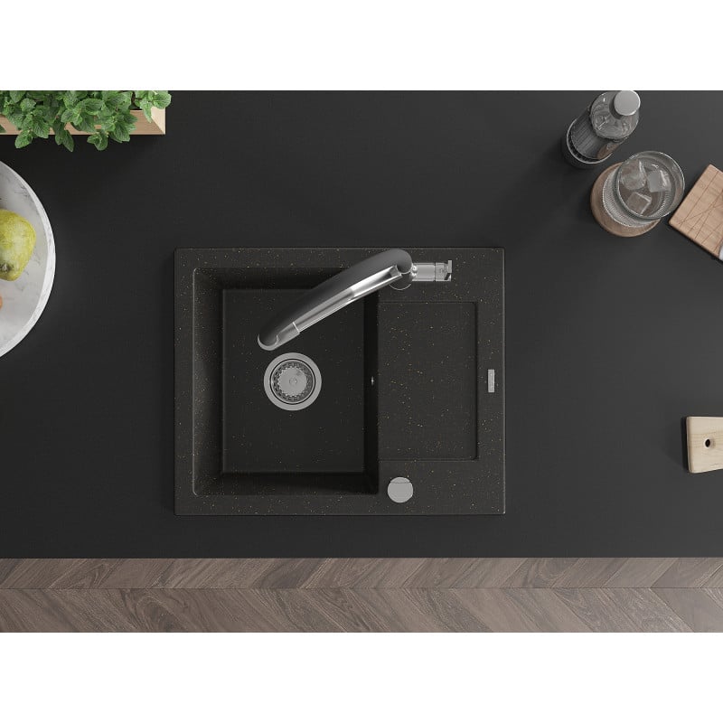Mexen Enzo 1-medencés gránit mosogató csepegtetővel és Duo konyhai csapteleppel, fekete/arany metál - 6506-75-671701-07