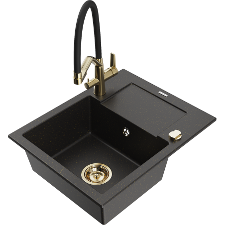 Chiuvetă granit Mexen Enzo 1-cameră cu picurător și baterie de bucătărie Duo, negru/auriu metalizat - 6506-75-671701-57-G