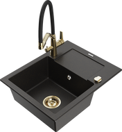 Chiuvetă granit Mexen Enzo 1-cameră cu picurător și baterie de bucătărie Duo, negru/auriu metalizat - 6506-75-671701-57-G