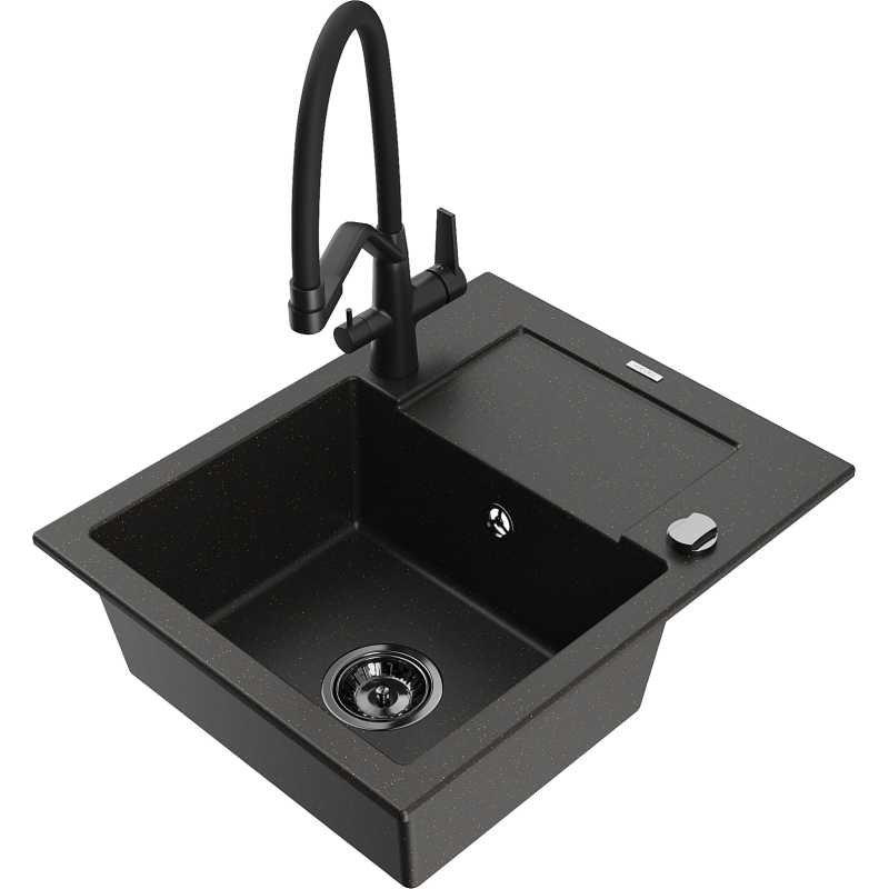 Mexen Enzo chiuvetă de granit cu o cuvă și scurgător, cu baterie de bucătărie Duo, negru/auriu metalic