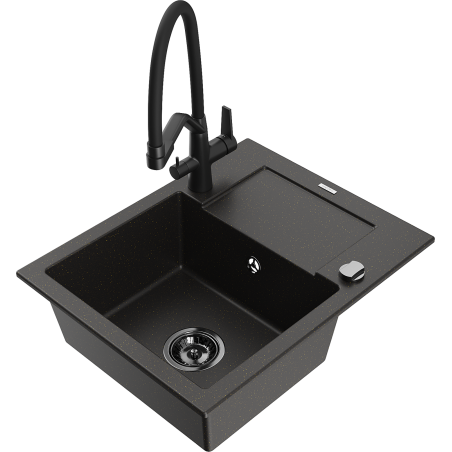 Mexen Enzo chiuvetă de granit cu o cuvă și scurgător, cu baterie de bucătărie Duo, negru/auriu metalic