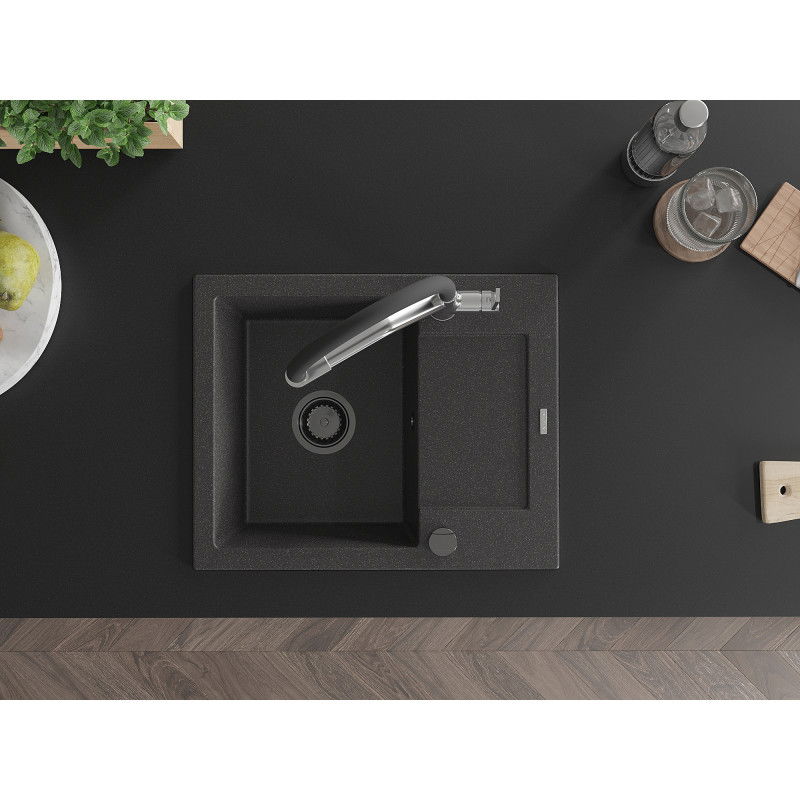 Mexen Enzo chiuvetă de granit cu 1 compartiment cu scurgător și baterie de bucătărie Duo, negru stropit - 6506-76-671701-07-B