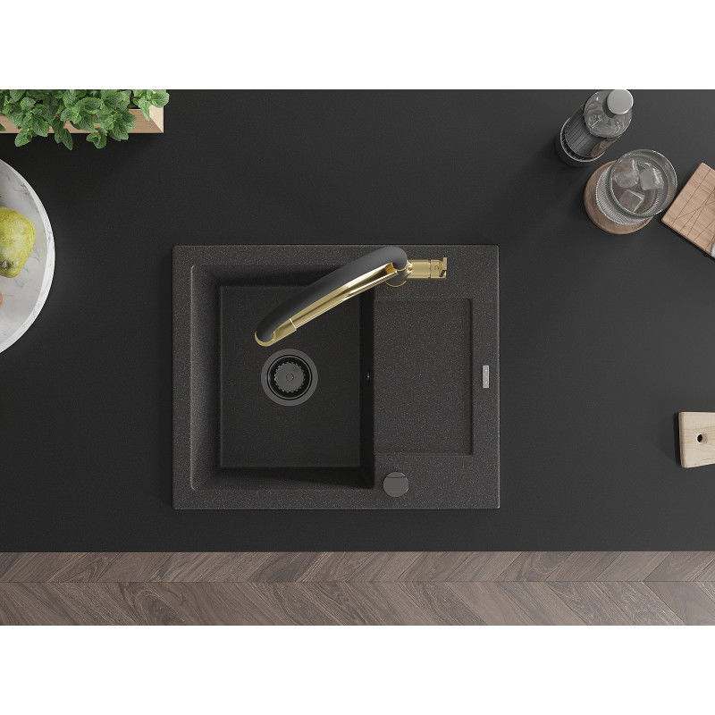 Mexen Enzo 1 rekeszes gránit mosogató csepegtetővel és Duo konyhai csapteleppel, fekete pöttyös - 6506-76-671701-57-B