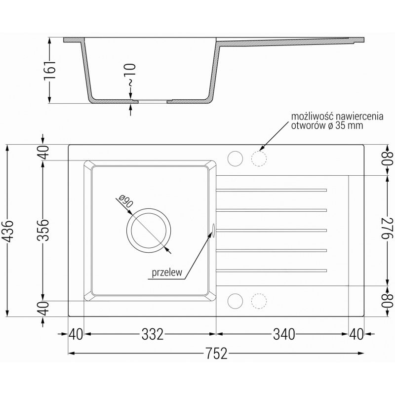 Mexen Pablo gránit mosogató 1-medencés csepegtetővel 752 x 436 mm, fekete, króm szifon - 6510751010-77