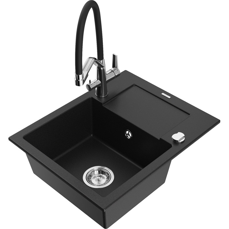 Mexen Enzo chiuvetă de granit cu 1 compartiment cu picurător și baterie de bucătărie Duo, negru - 6506-77-671701-07