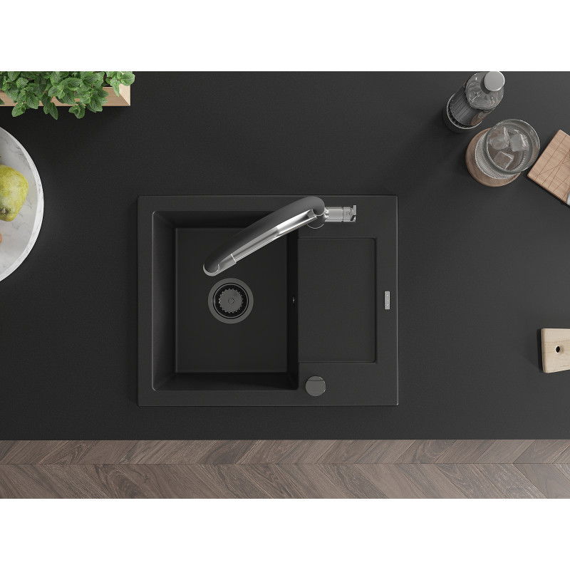 Mexen Enzo chiuvetă de granit cu 1 compartiment și scurgător și baterie de bucătărie Duo, negru - 6506-77-671701-07-B