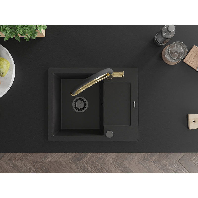 Mexen Enzo egymedencés gránit mosogató csepegtetővel és Duo konyhai csapteleppel, fekete - 6506-77-671701-57-B