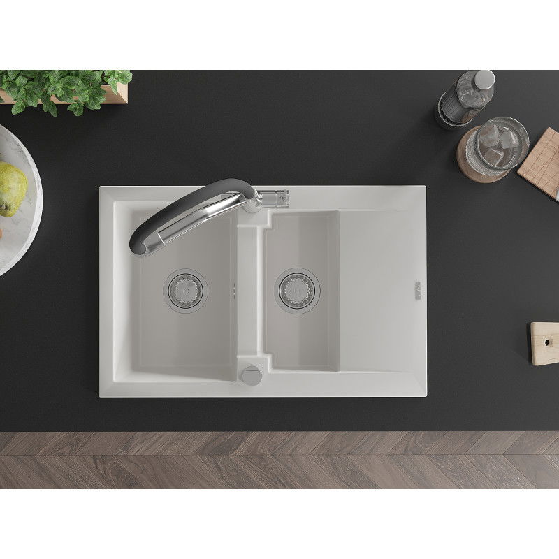 Mexen Gaspar 1,5 kamrás gránit mosogató csepegtetővel és Duo konyhai csapteleppel, fehér - 6507-20-671701-07