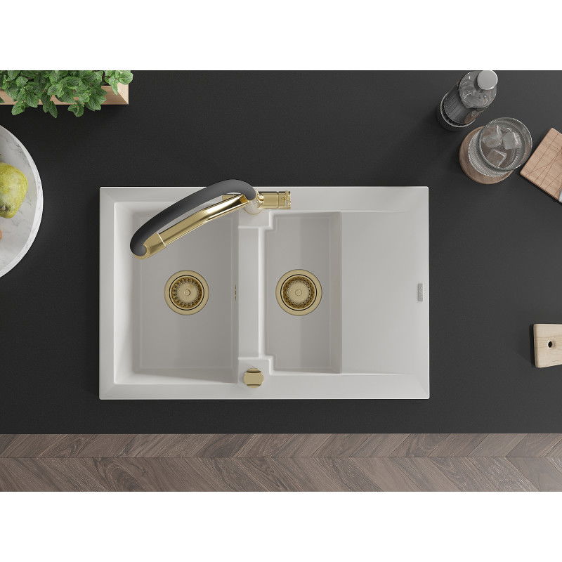 Mexen Gaspar gránit mosogatótálca 1,5 rekeszes csepegtetővel és Duo konyhai csapteleppel, fehér - 6507-20-671701-57-G