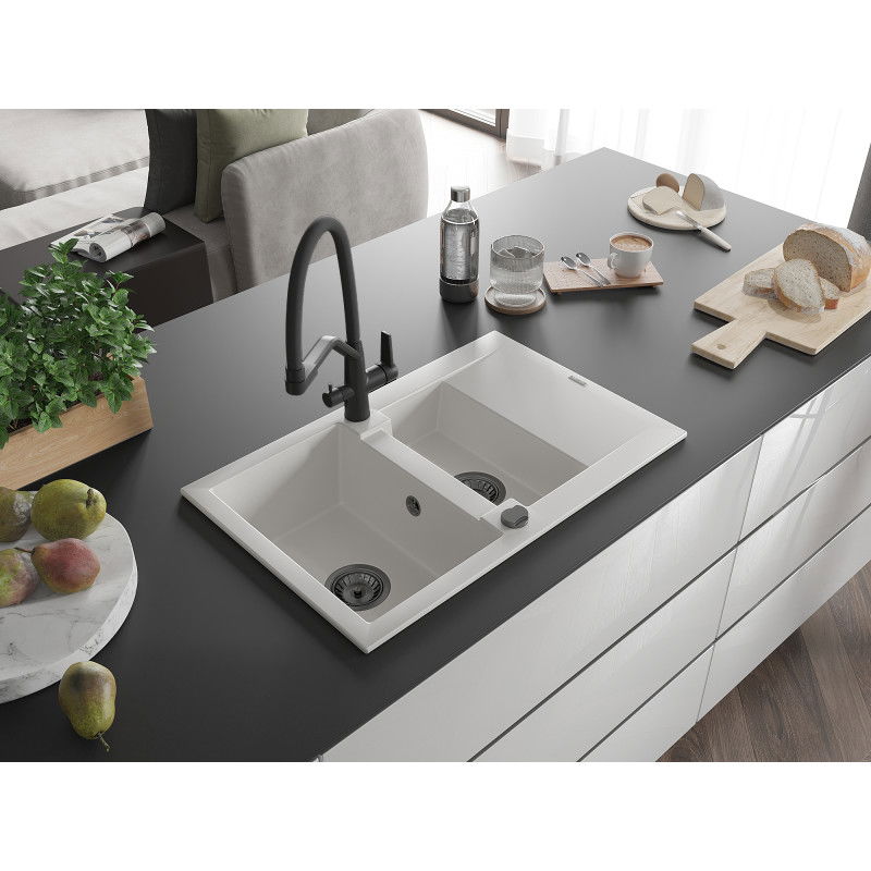 Mexen Gaspar chiuvetă de granit cu 1,5 cuve, cu scurgător și baterie de bucătărie Duo, alb - 6507-20-671701-70-B