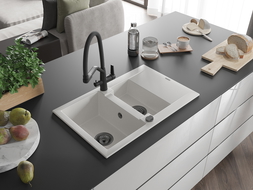 Mexen Gaspar chiuvetă de granit cu 1,5 cuve, cu scurgător și baterie de bucătărie Duo, alb - 6507-20-671701-70-B
