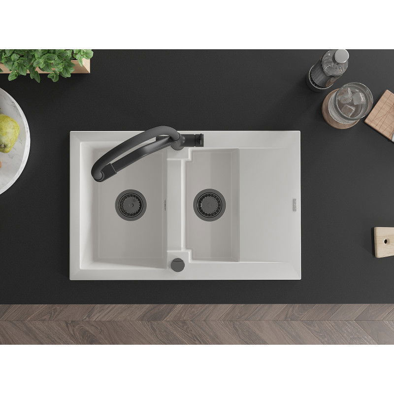 Mexen Gaspar gránit mosogató 1,5 medencés csepegtetővel és Duo konyhai csapteleppel, fehér - 6507-20-671701-70-B