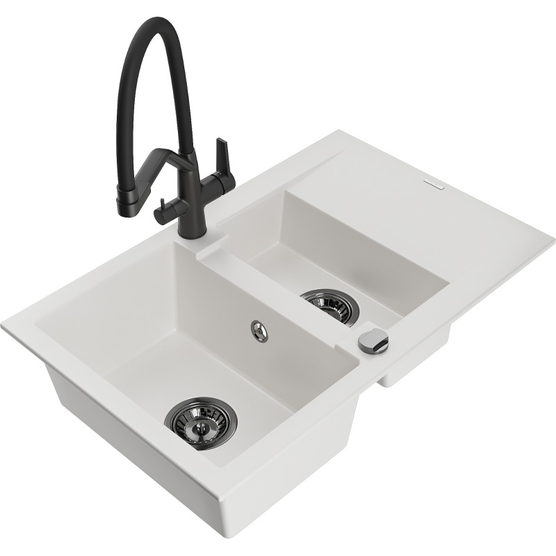 Mexen Gaspar chiuvetă de granit cu 1,5 compartimente cu scurgător și baterie de bucătărie Duo, albă - 6507-20-671701-70-B